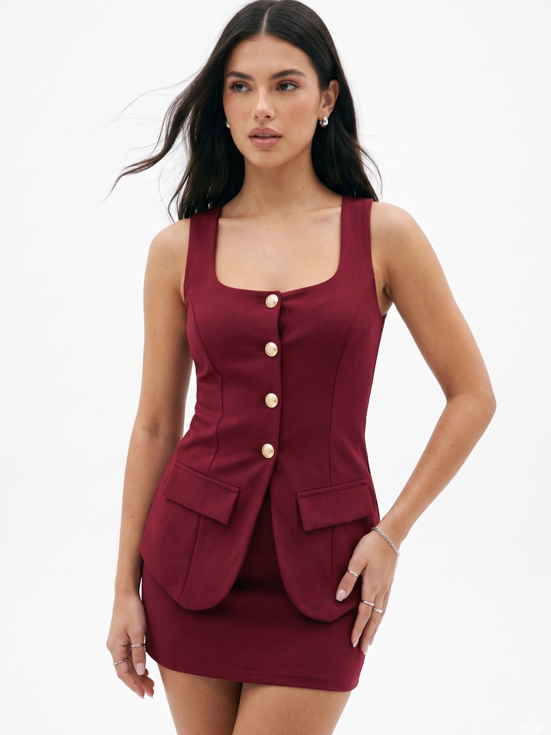 Burgundy Scoop Neck Front Buttoned Vest And Skirt Set