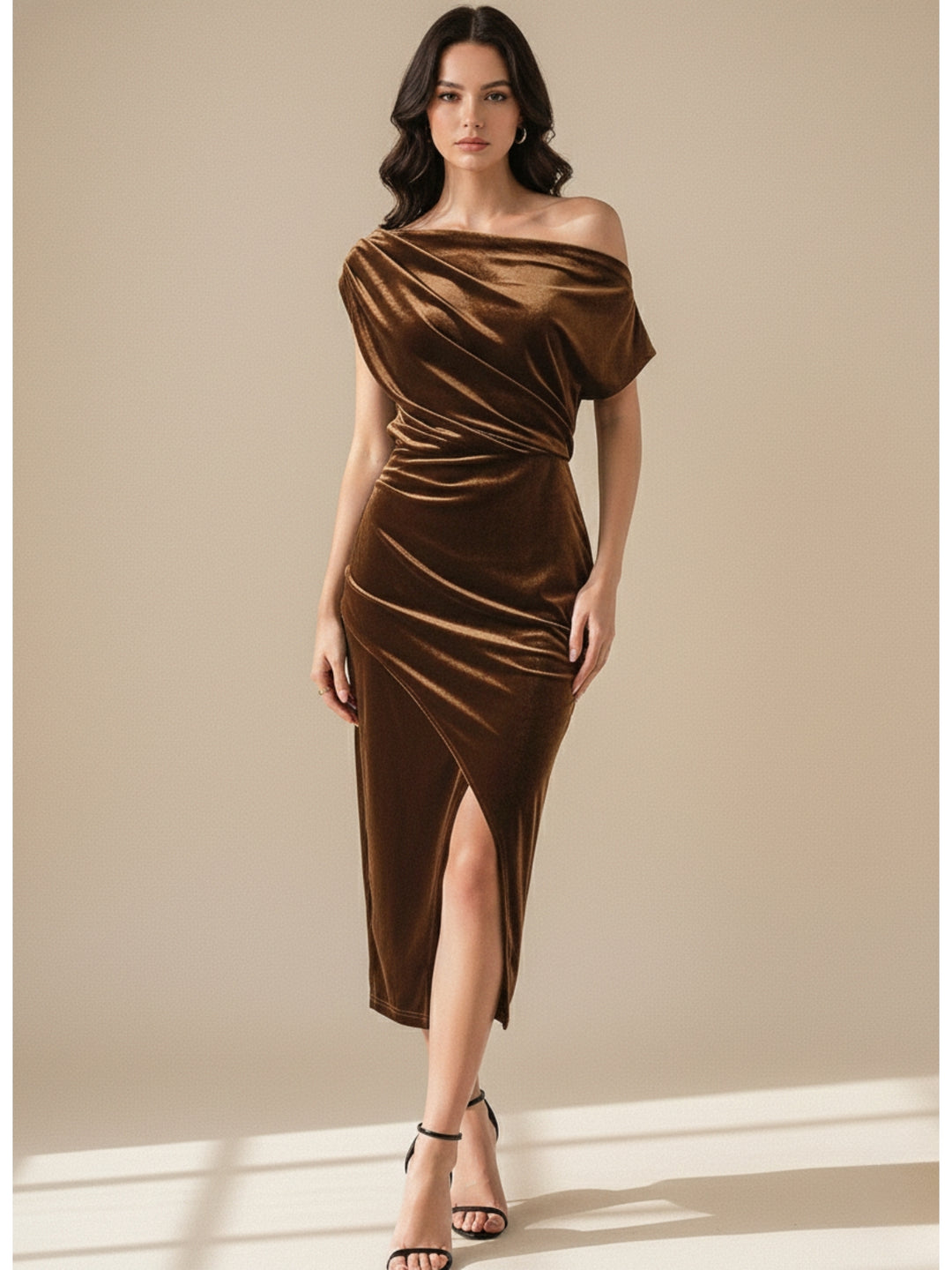 Brown Off-Shoulder Velour Evening Dress