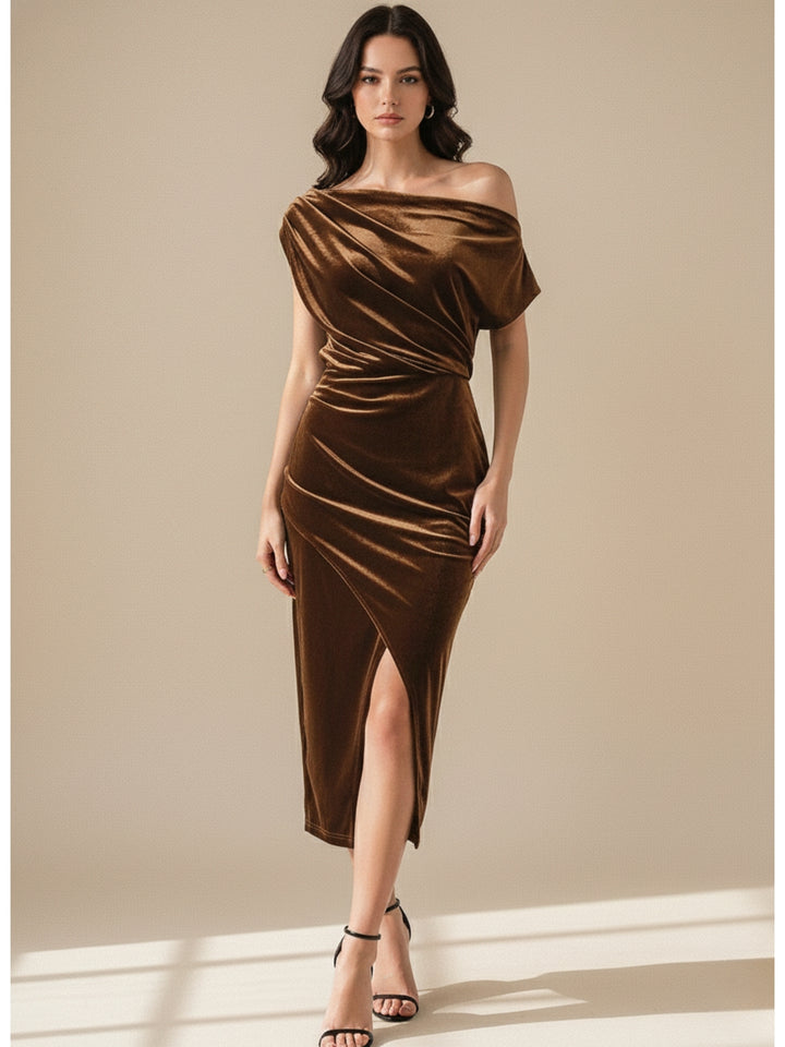 Brown Off-Shoulder Velour Evening Dress