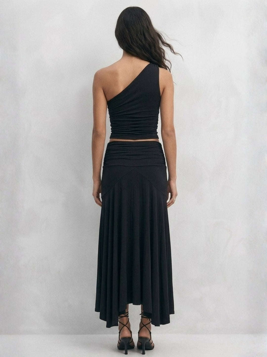 Black One Shoulder Fitted Top And Skirt Set