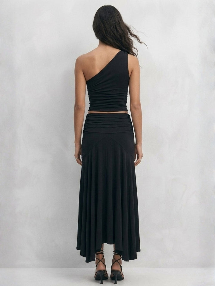 Black One Shoulder Fitted Top And Skirt Set