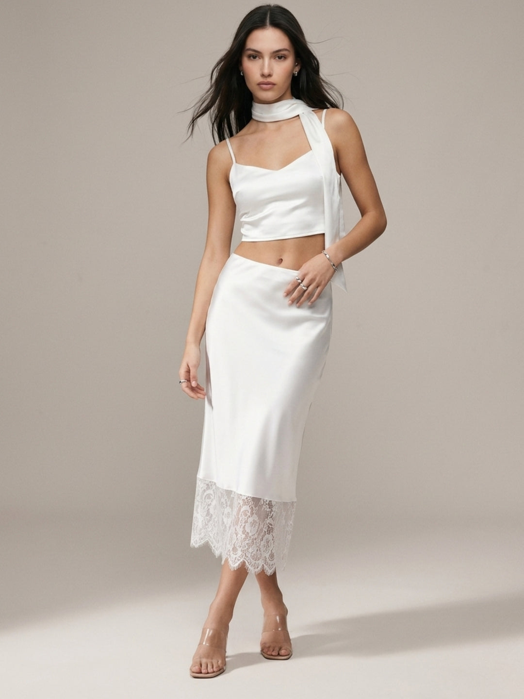 White Lace Hem Satin Skirt