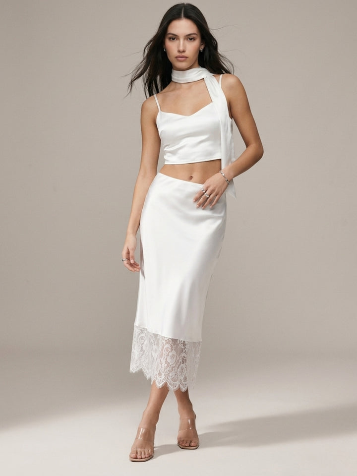 White Lace Hem Satin Skirt