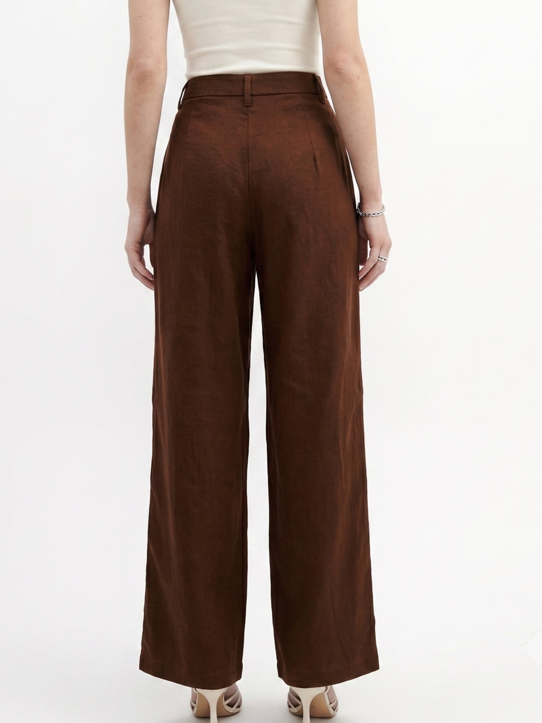 Brown Pleated High Waist Trouser With Belt Detail