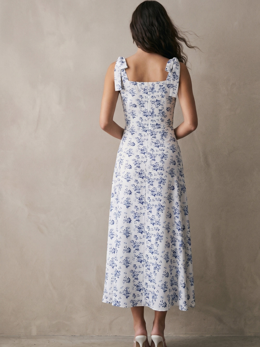 Blue Shoulder Tie-Up Slit Dress