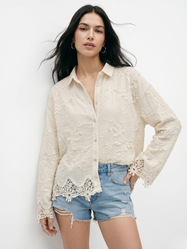 Off White Full Sleeve Lace Egde Collared Semi Sheer Embroidered Shirts