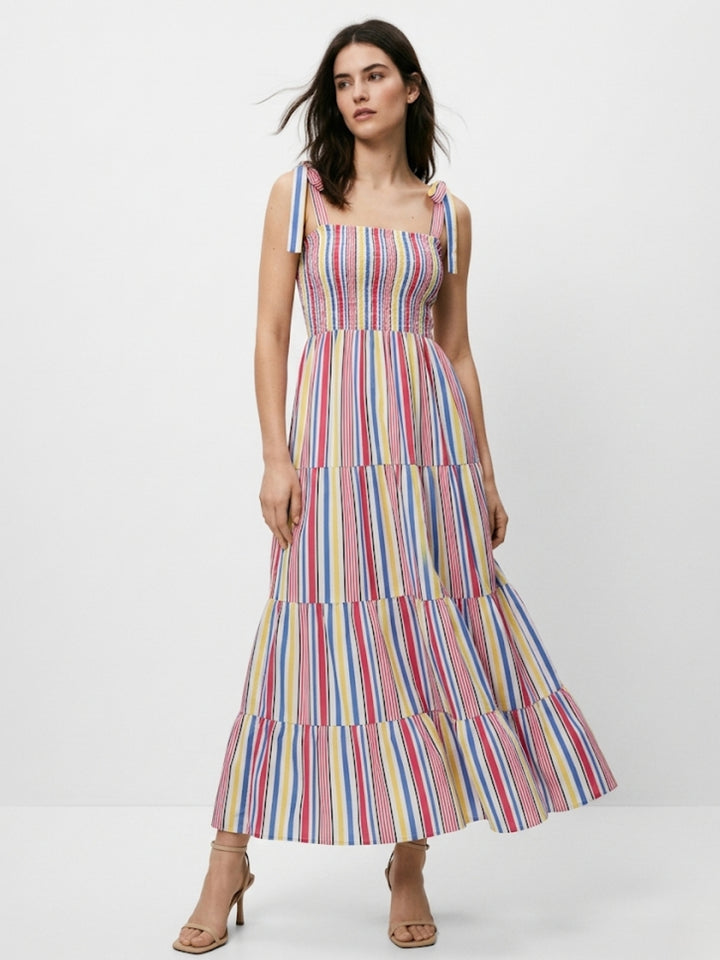 Blue Tiered Ruffled Hem Strap Tie Up Dress