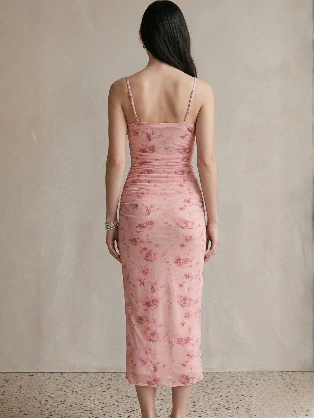 Pink Spaghetti Strap Floral Printed Dress
