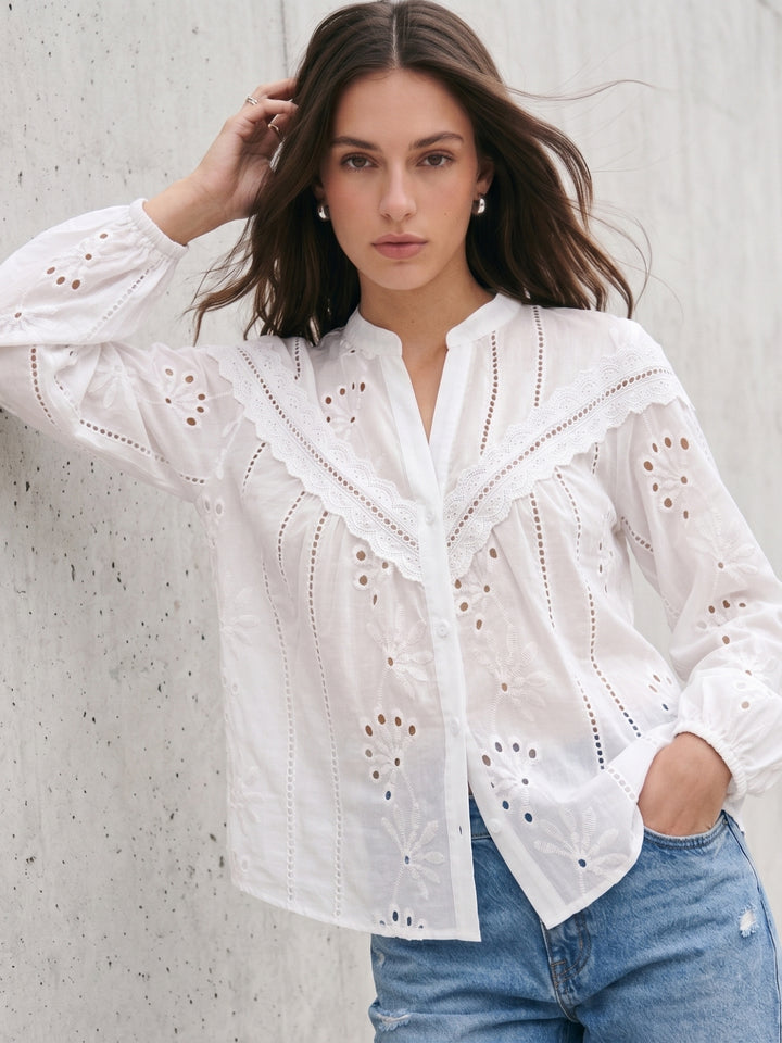 White Full Sleeves Schiffli Blouse