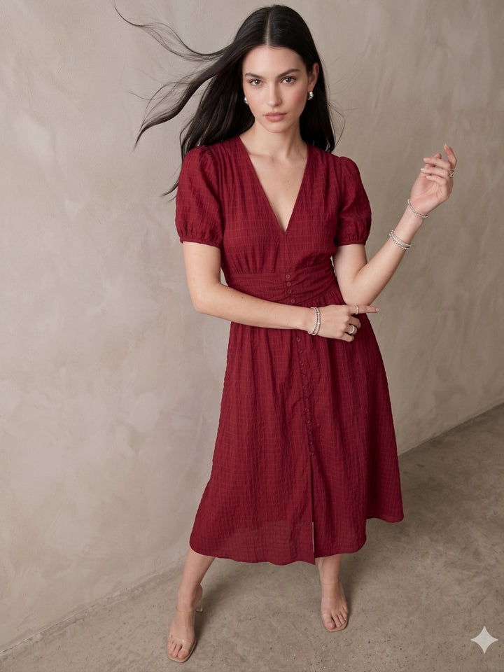 Wine Puff Sleeve Waist Fitted Dress