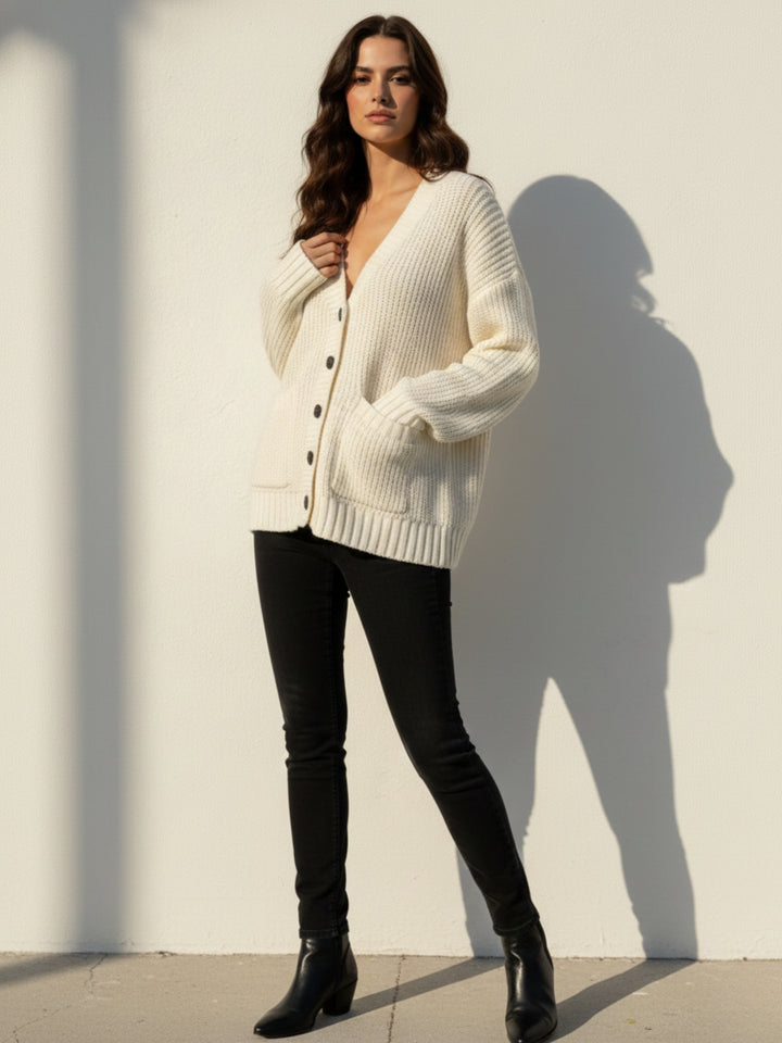 Off White Full Sleeve Double Pockets Slouchy Cardigans
