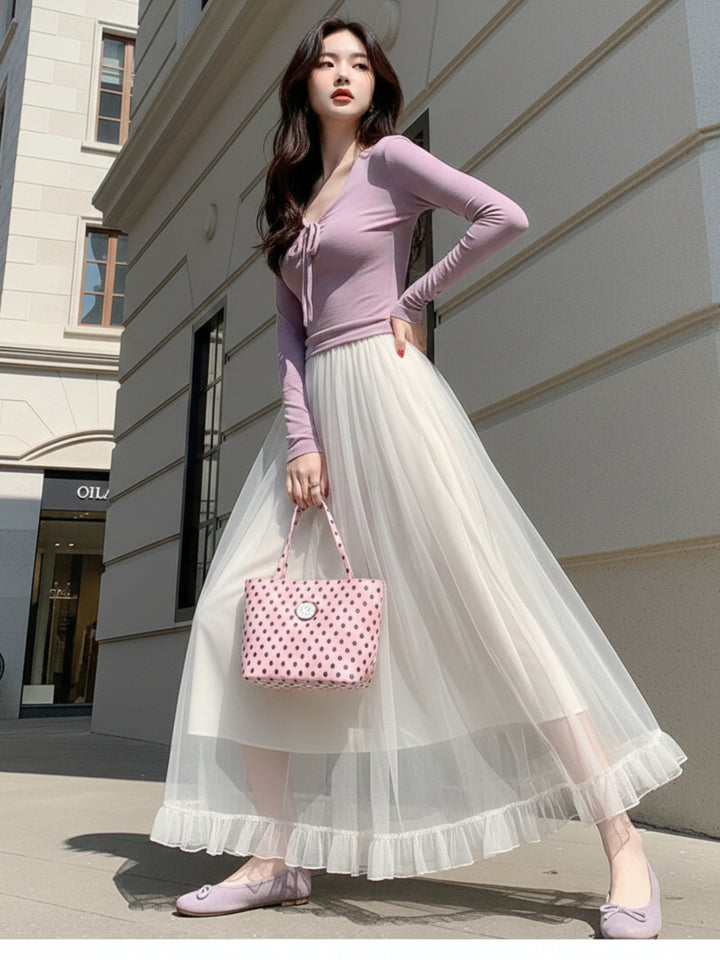 Off White Sheer A-Line Maxi Skirt With Frilled Hem