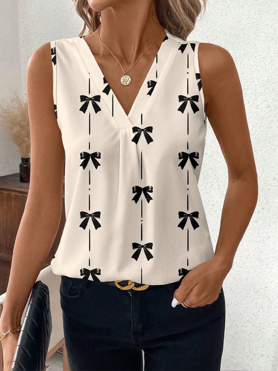 Cream Printed V Neck Tank