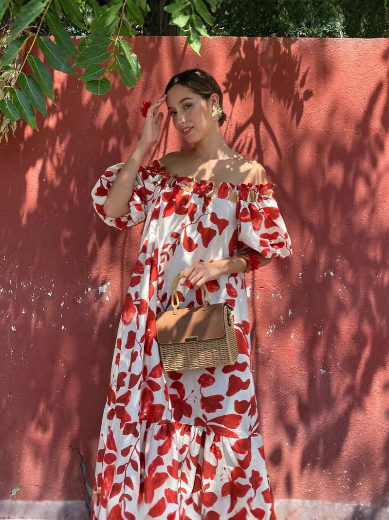 Red Printed Off Shoulder Dress