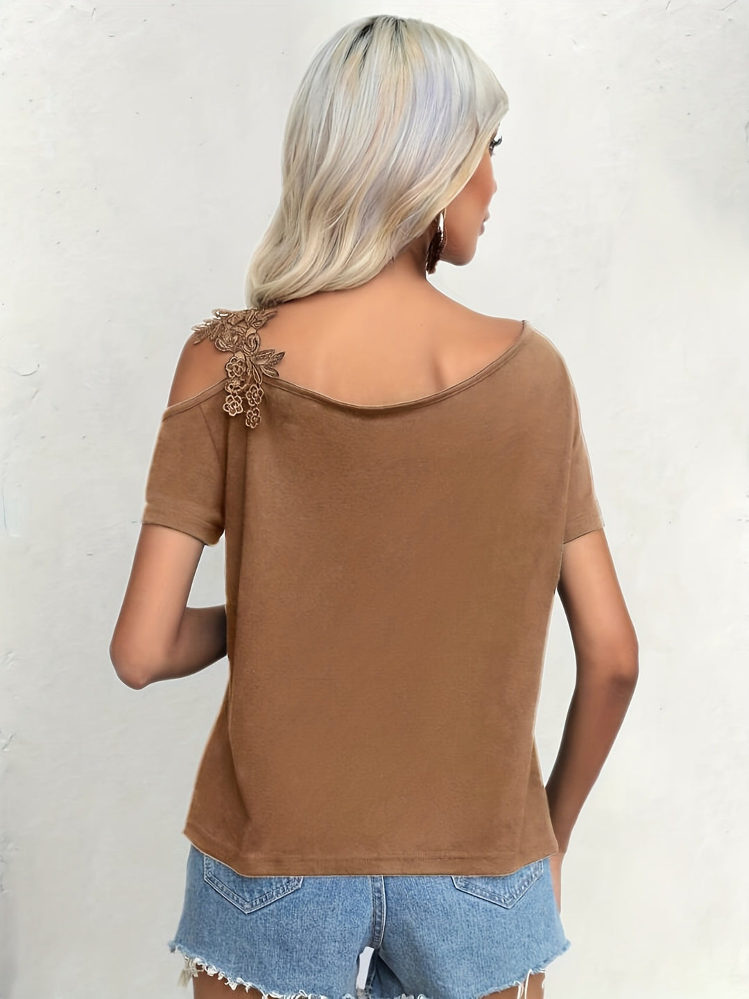 Brown One Shoulder Lace Strap Top