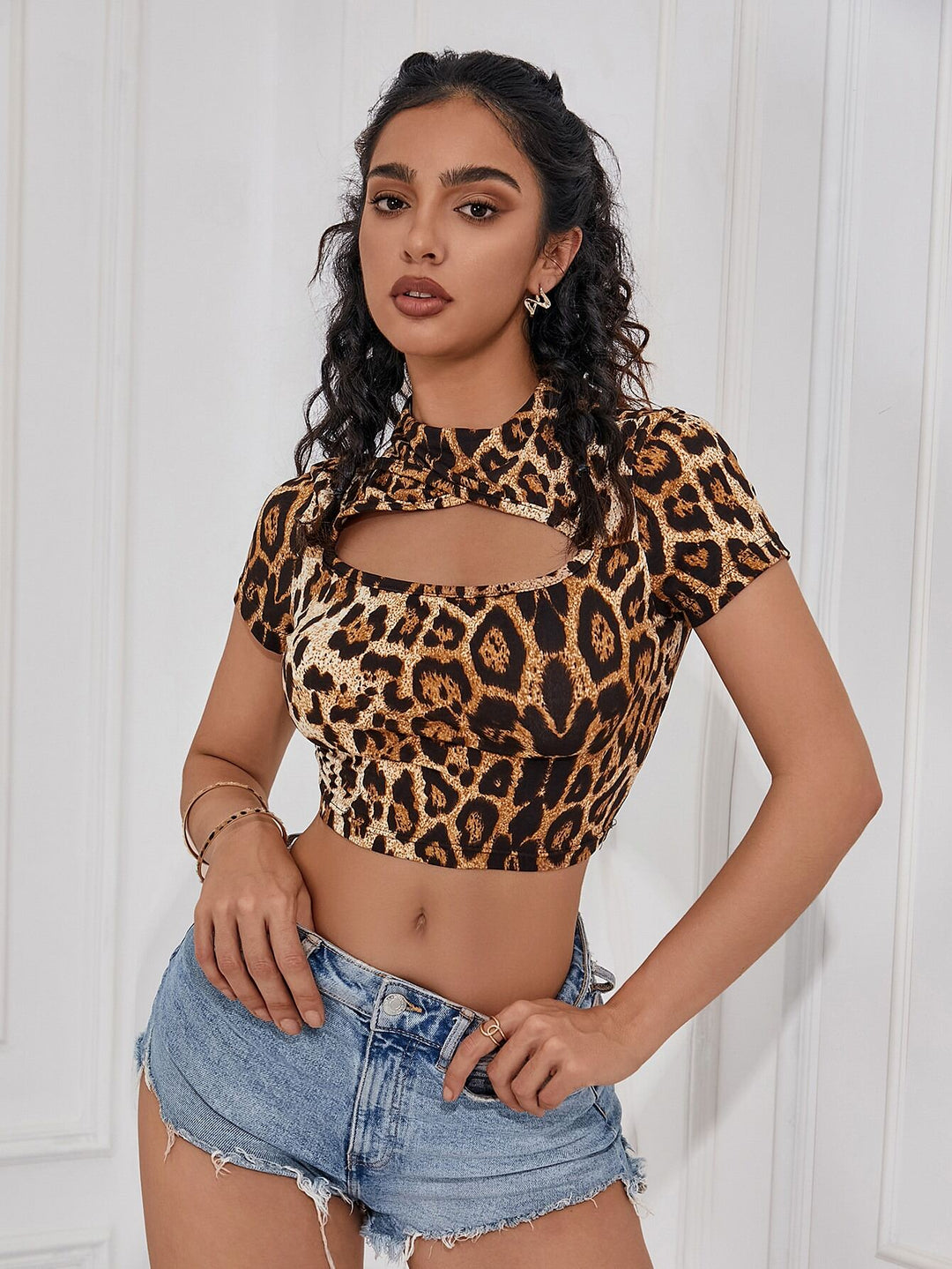 Brown Animal Print Front Cutout Fitted Top