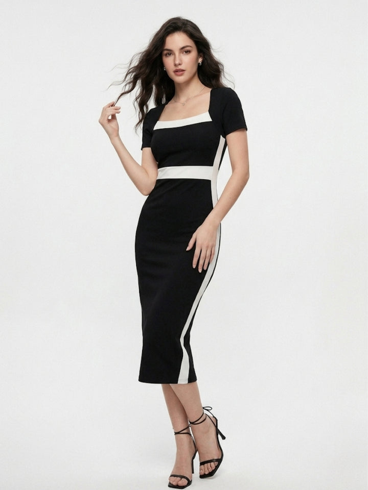 Black Short Sleeve Contrast Panel Dress