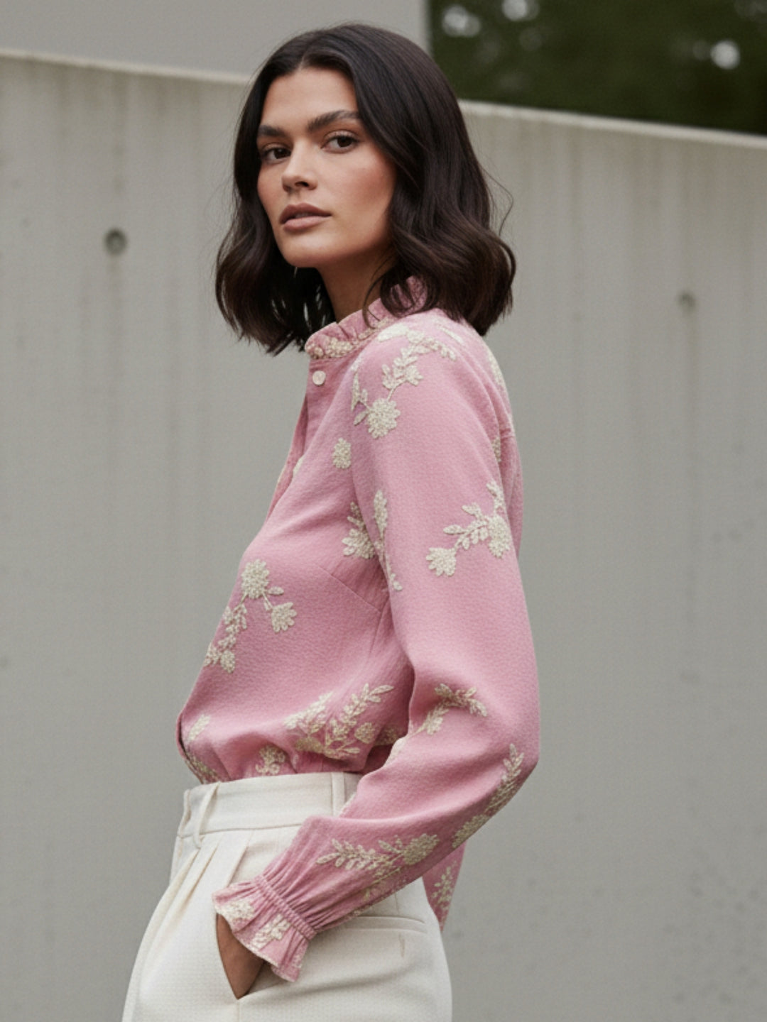 Pink Bishop Sleeve Front Buttoned Embroidered Top
