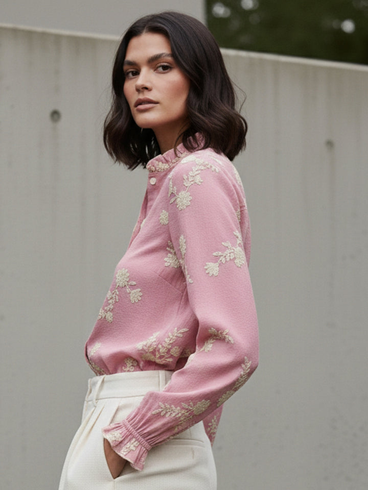 Pink Bishop Sleeve Front Buttoned Embroidered Top