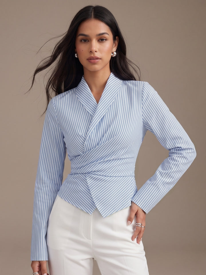 Blue Wrap Detail Striped Top