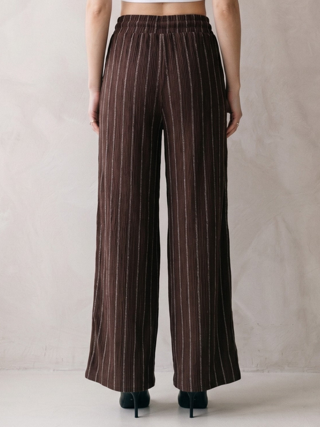 Brown High Waisted Elasticated Waistband Stripped Trousers