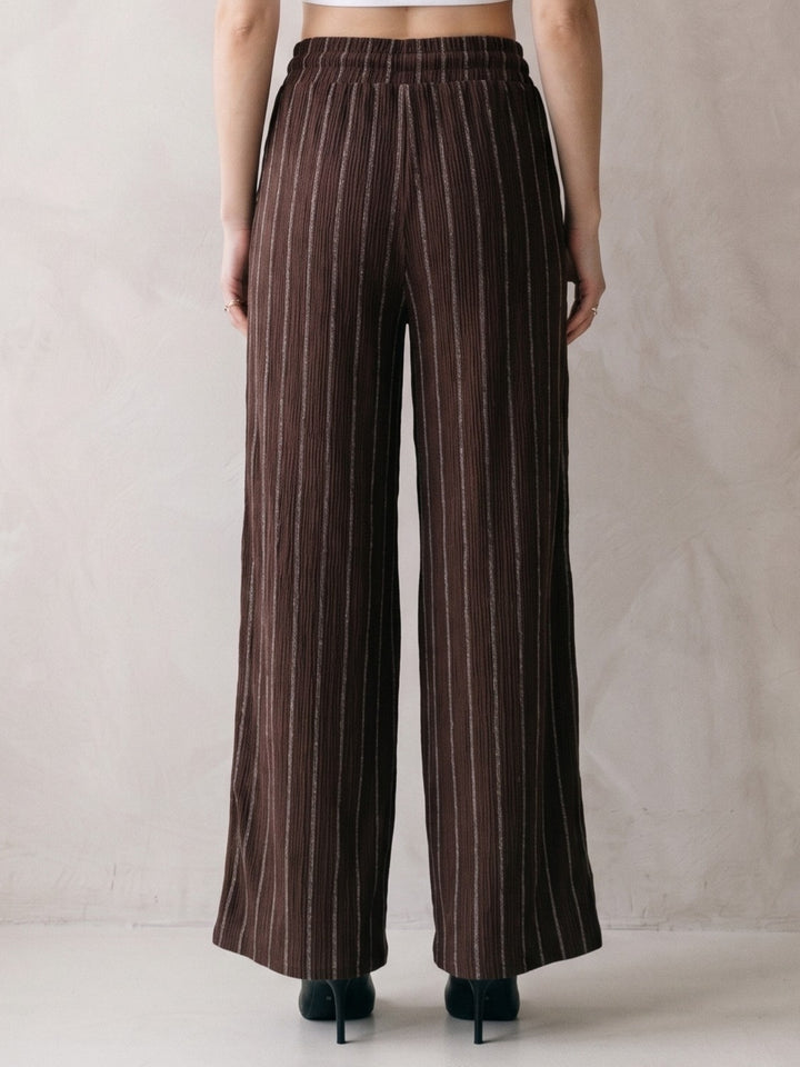 Brown High Waisted Elasticated Waistband Stripped Trousers