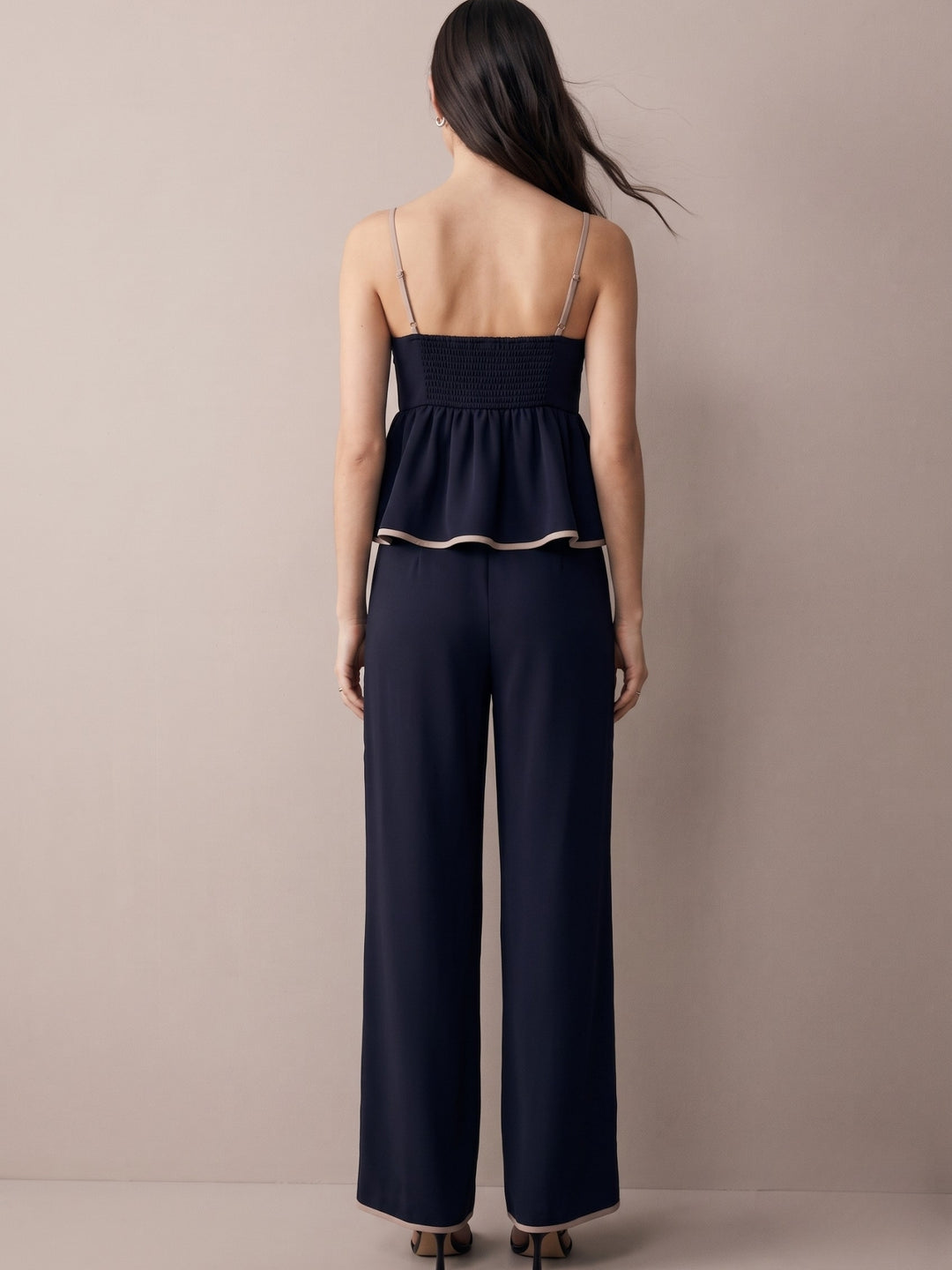 Navy Blue Strappy Peplum Top With Trousers Co-Ord Set