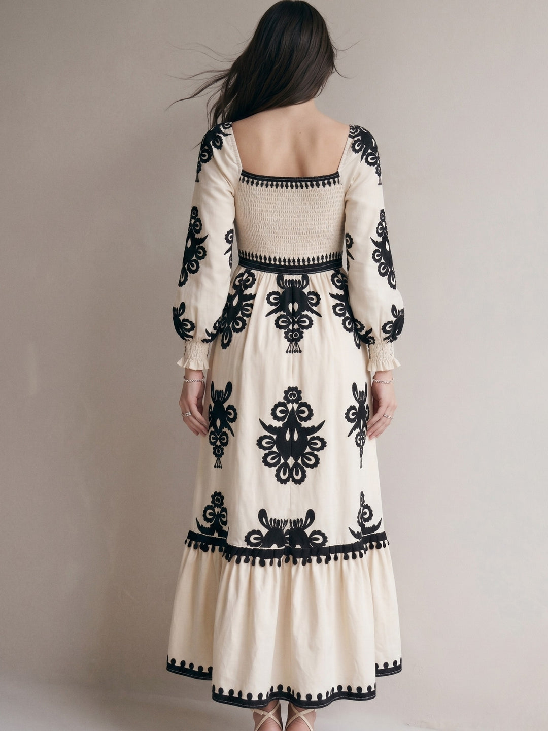 Off-white Bishop Sleeve Square Neck Printed Dress