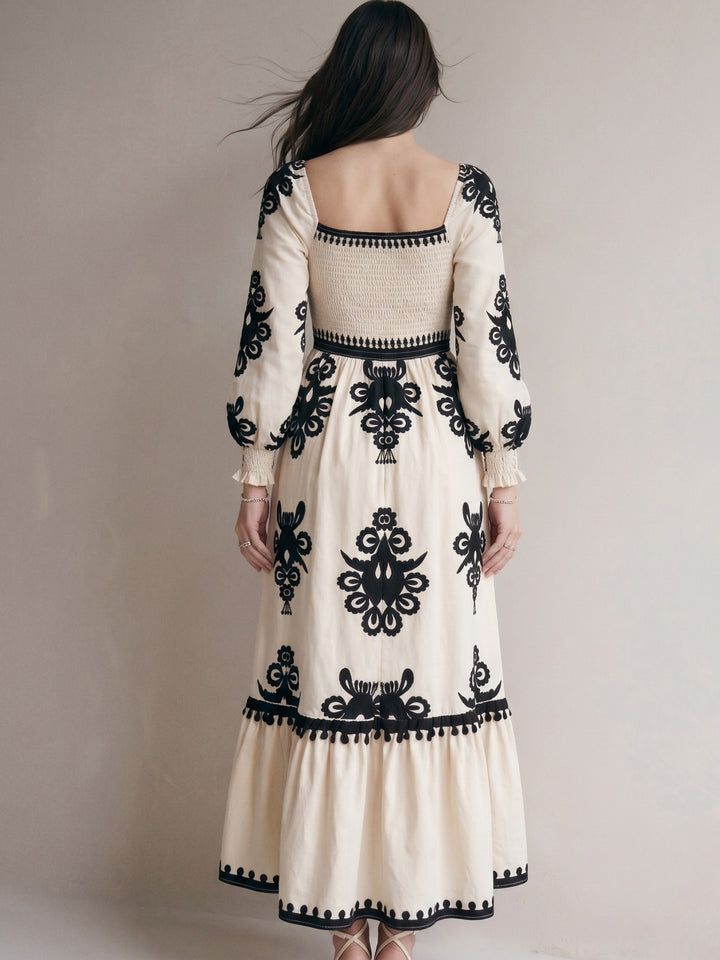 Off-white Bishop Sleeve Square Neck Printed Dress