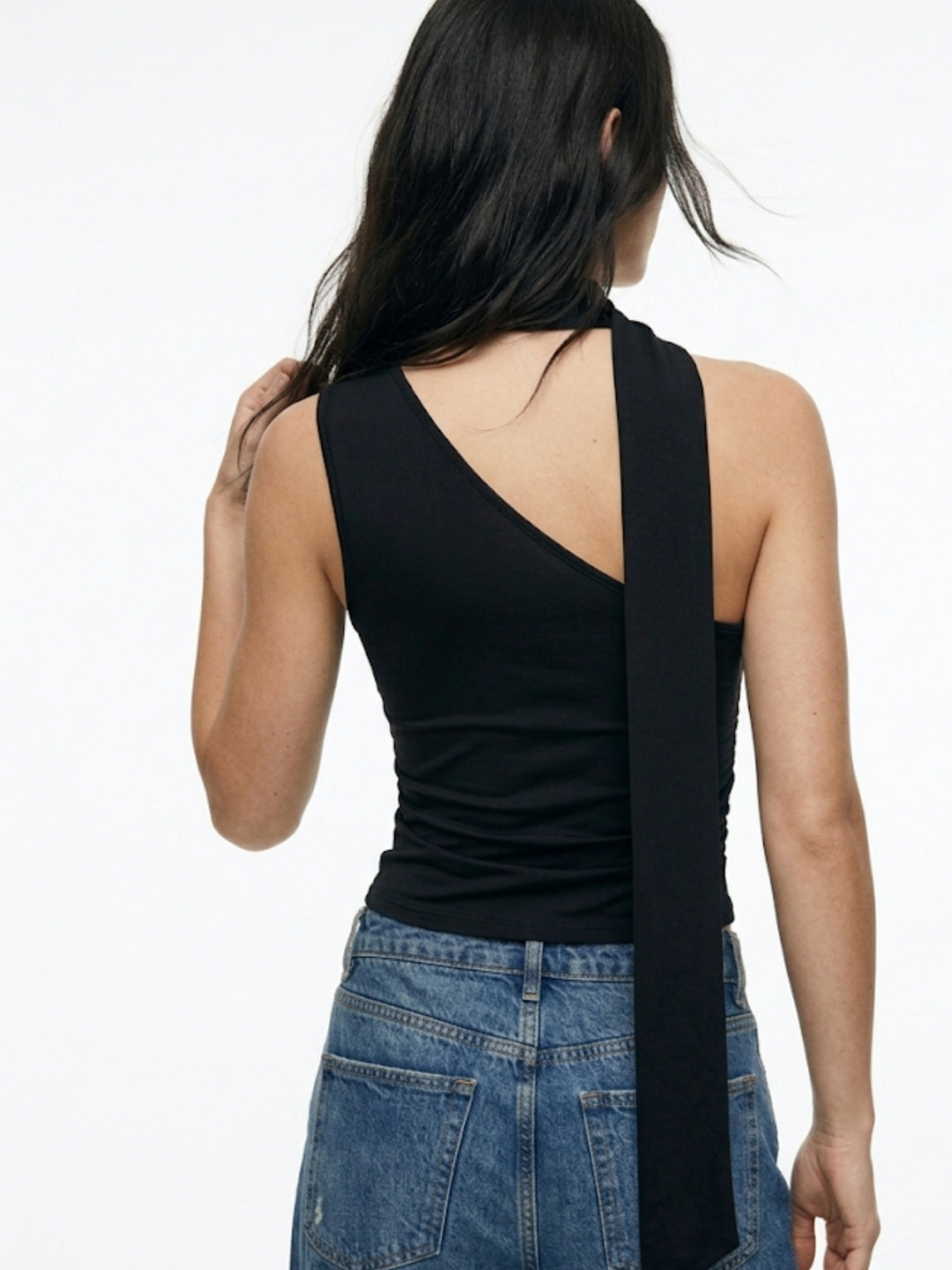Black One Shoulder Neck Wrap Top