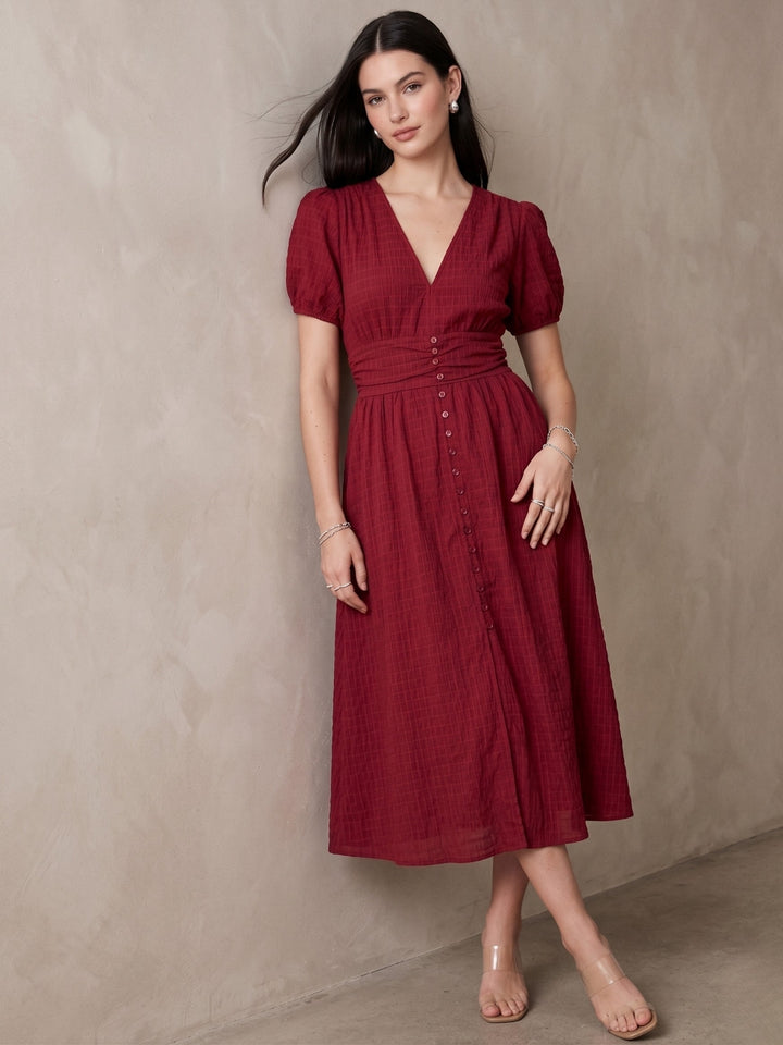 Wine Puff Sleeve Waist Fitted Dress