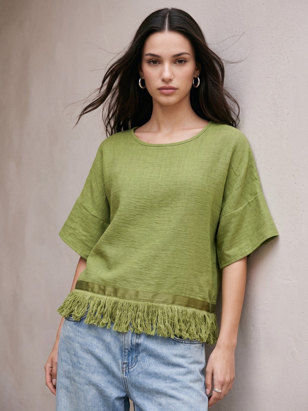 Olive Relaxed Flowy Top With Fringed Hem