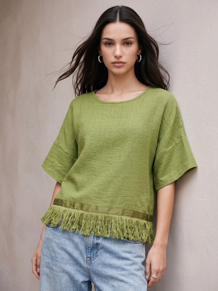 Olive Relaxed Flowy Top With Fringed Hem