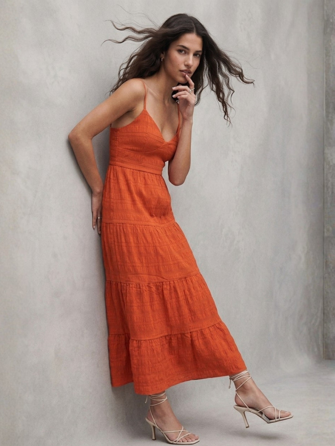 Orange Shoulder Strap Back Bow Tiered Dress
