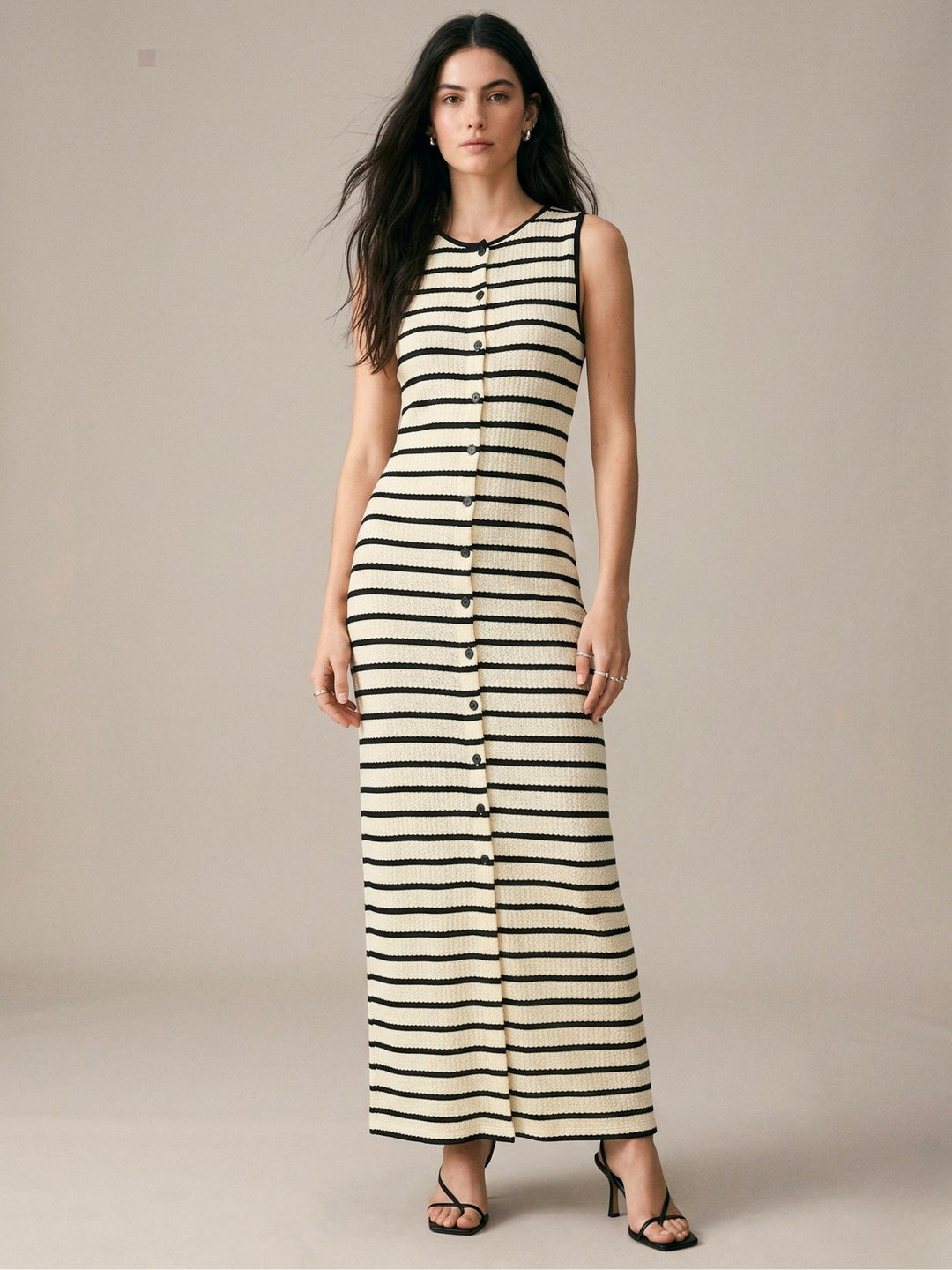 Cream Sleeveless Front Buttoned Slit Dress