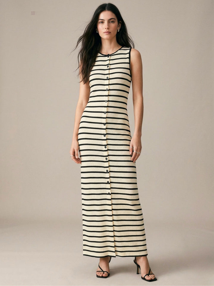 Cream Sleeveless Front Buttoned Slit Dress