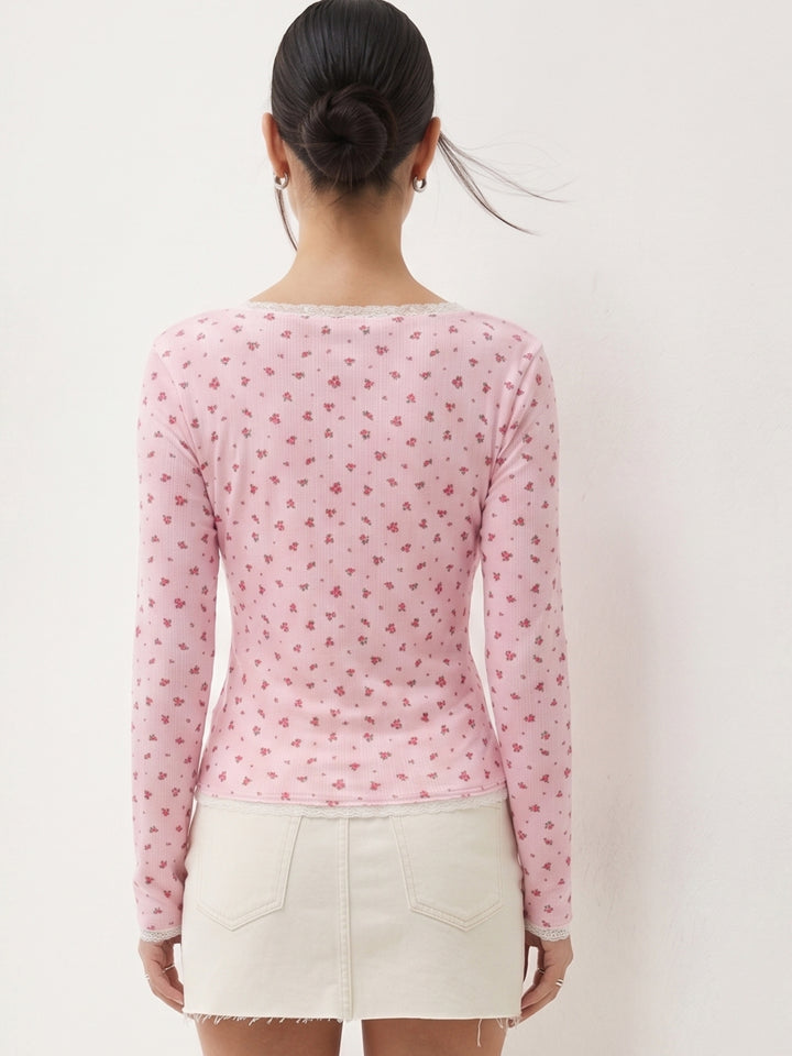 Pink Printed Ribbed Top With Lace Inserts
