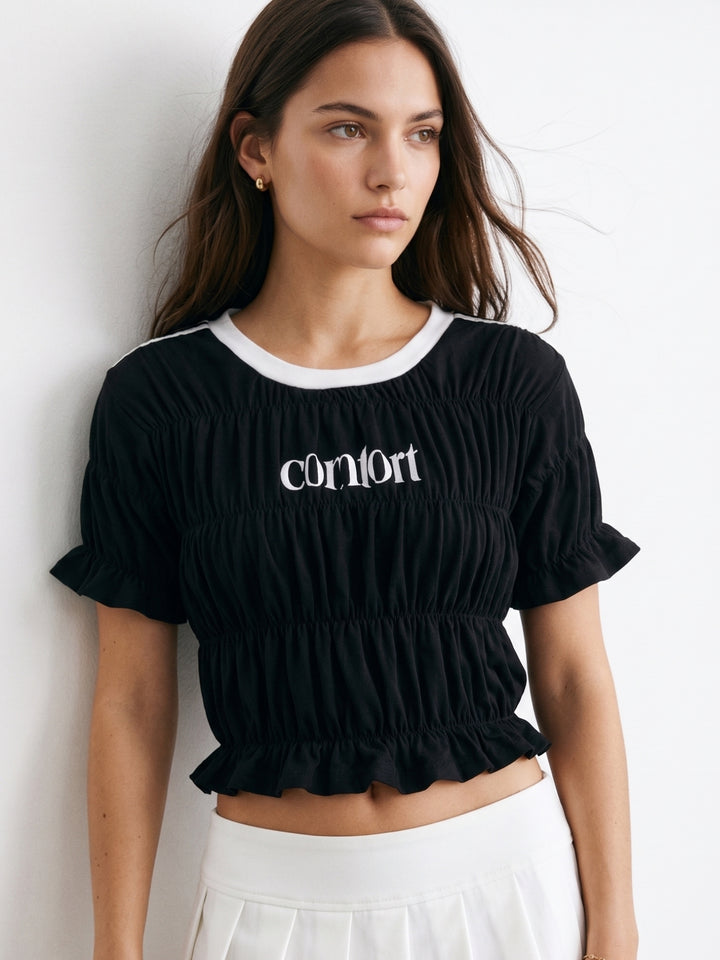 Black Contrast Neck Smocked Top