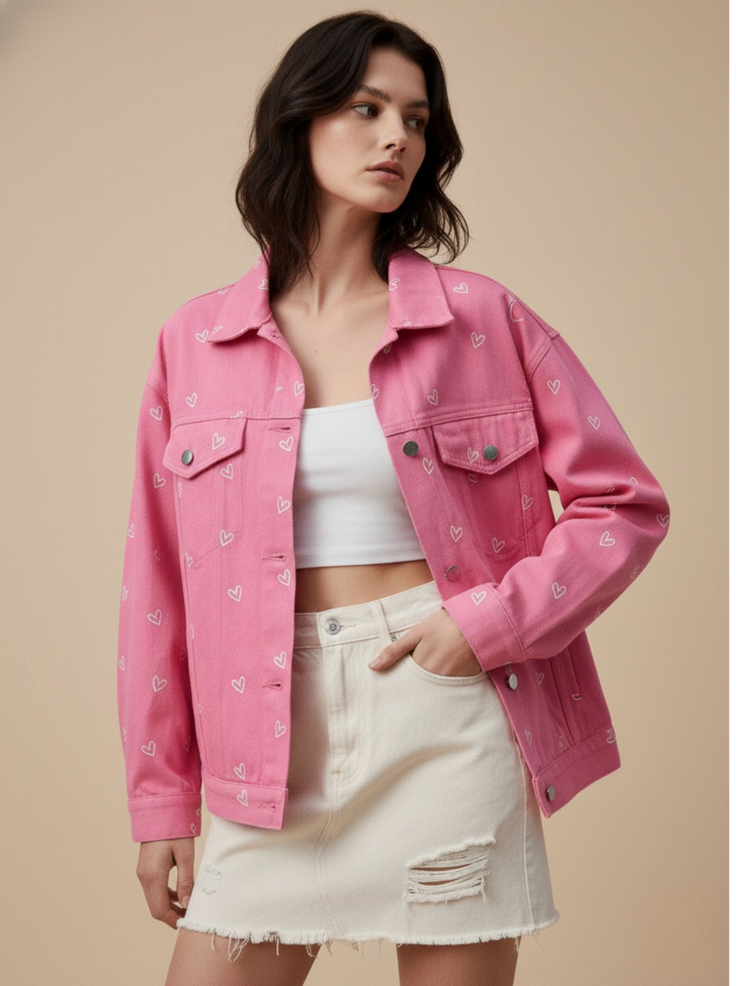 Pink All Over Heart Printed Jacket