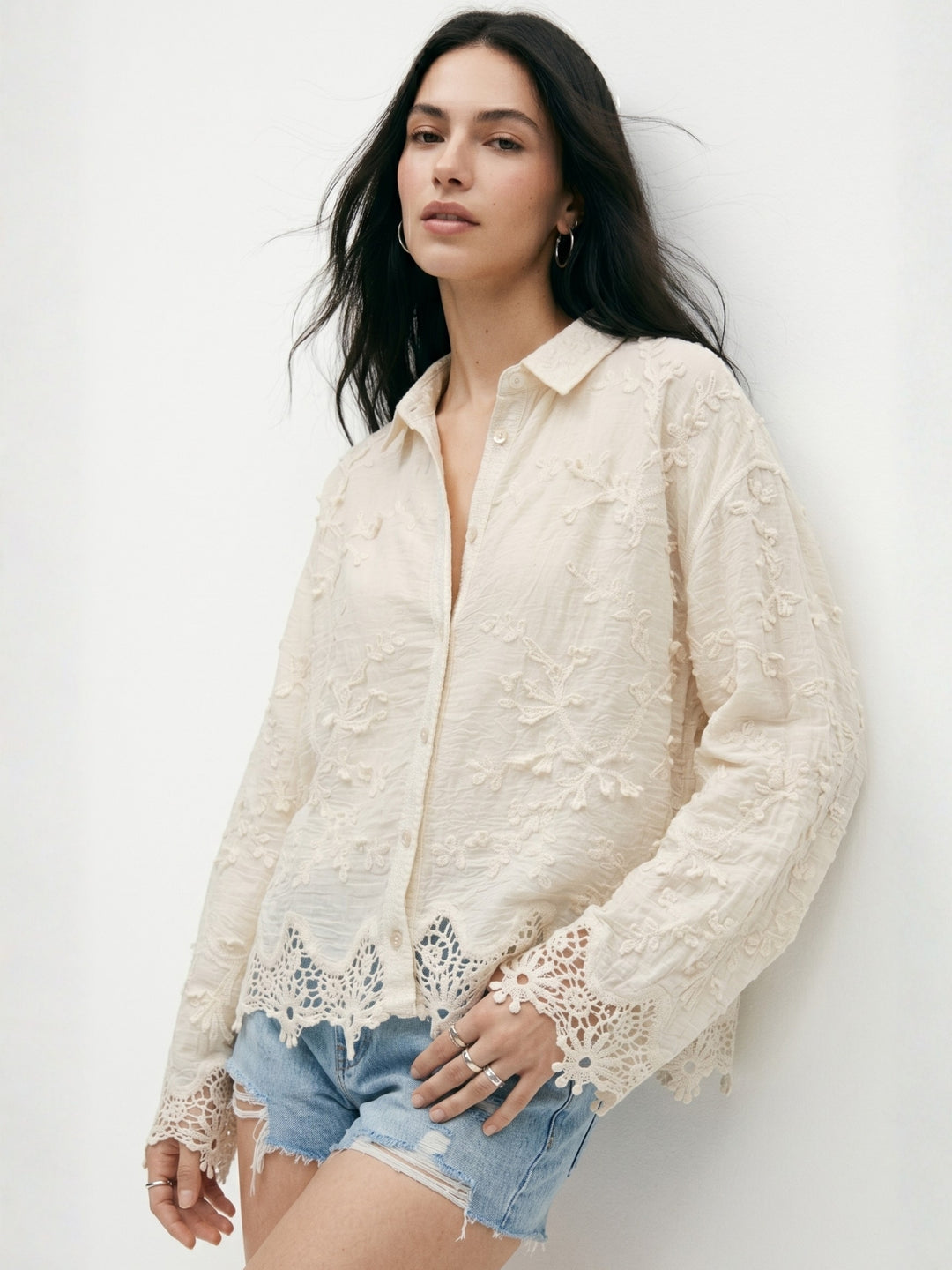 Off White Full Sleeve Lace Egde Collared Semi Sheer Embroidered Shirts