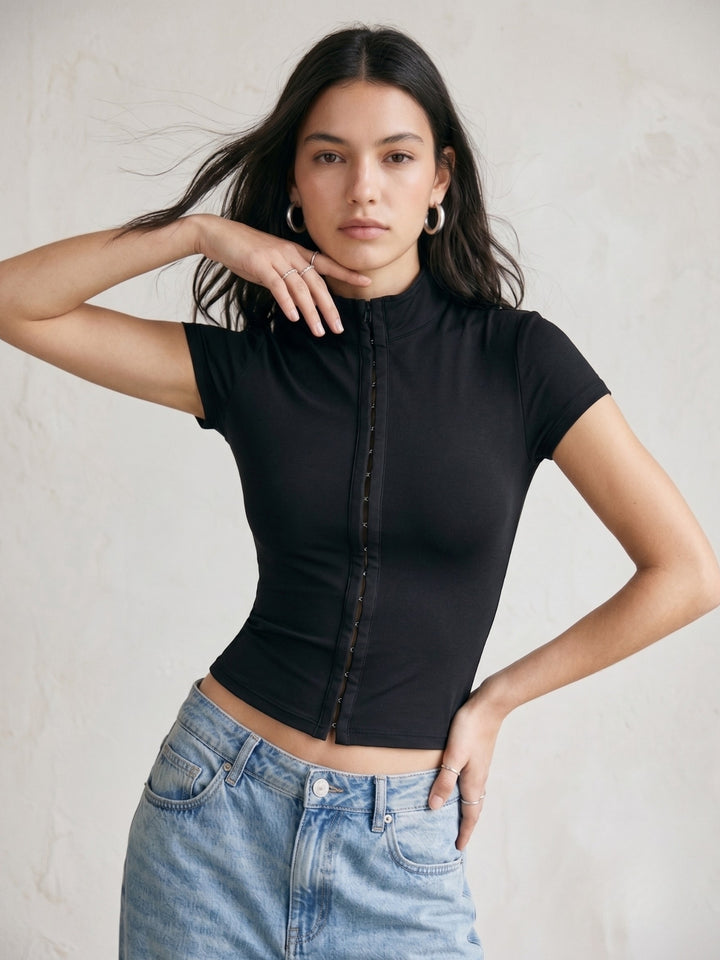 Black High Neck Buttoned Up Fitted Top