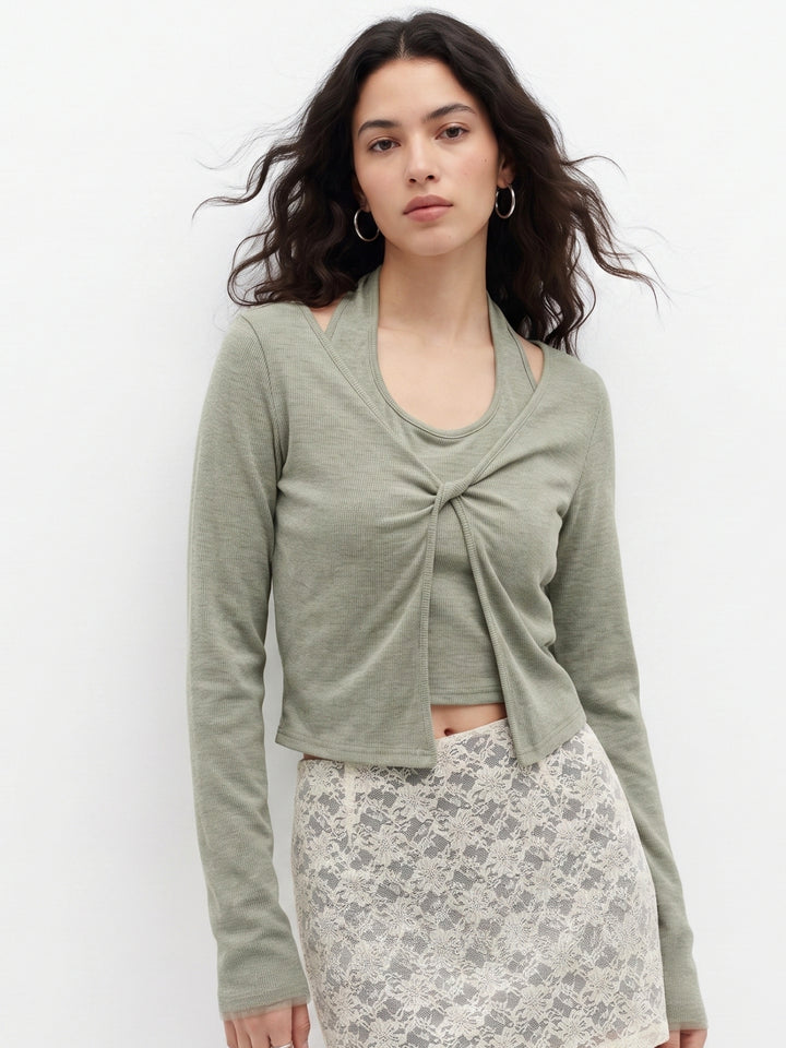 Green Halter Neck Full Sleeves Top