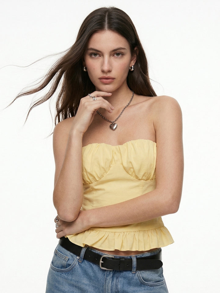 Yellow Off Shoulder Ruffle Hem Top
