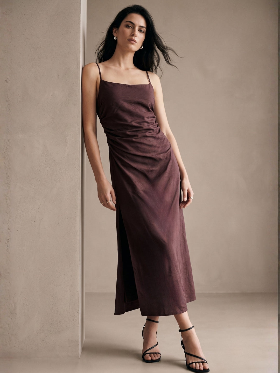 Brown Spaghetti Strap Side Ruched Dress