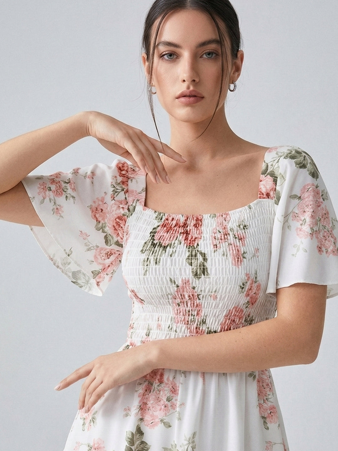 White Flare Sleeve Tiered Floral Dress