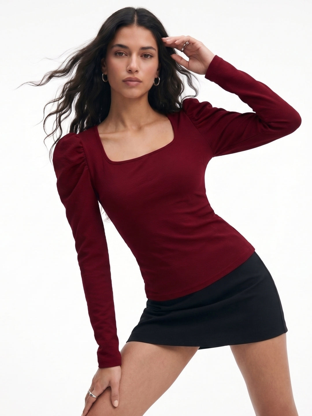 Wine Puff Sleeve Fitted Top