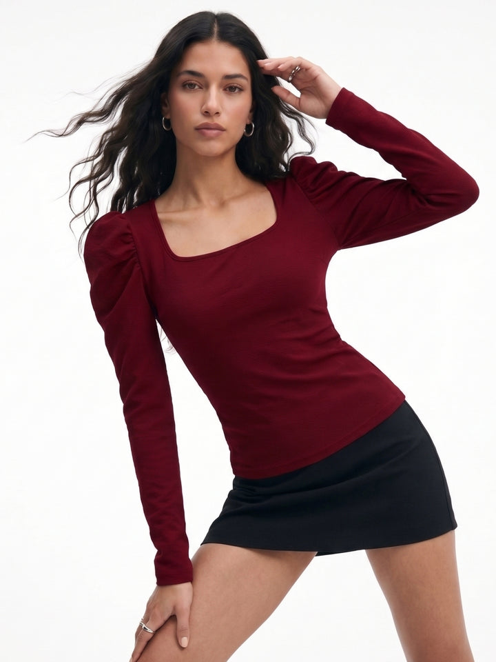 Wine Puff Sleeve Fitted Top