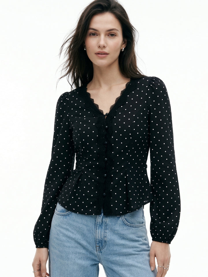Black Polka Dotted Top With Lace Inserts