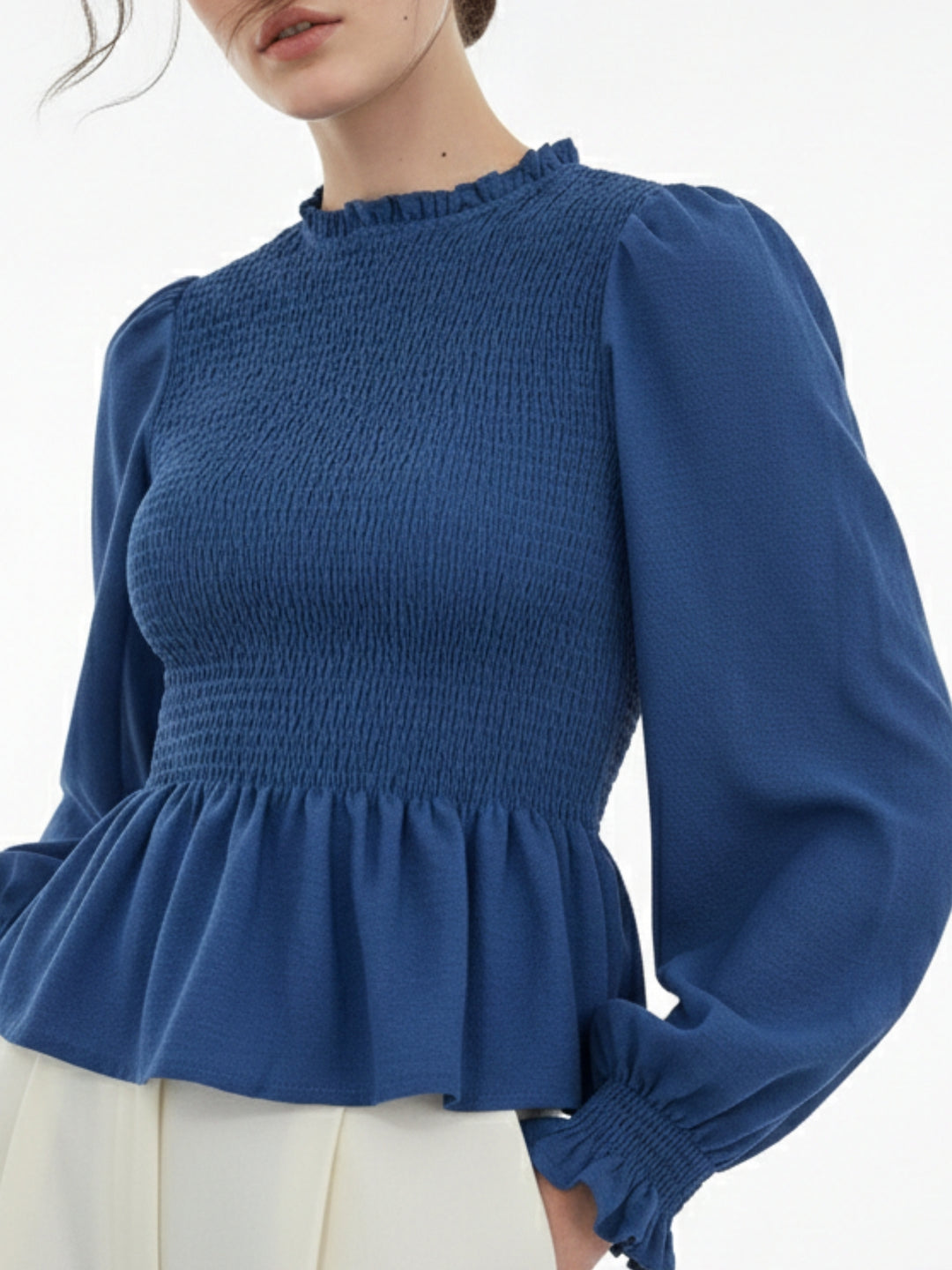 Blue Smocked Bodice Solid Top