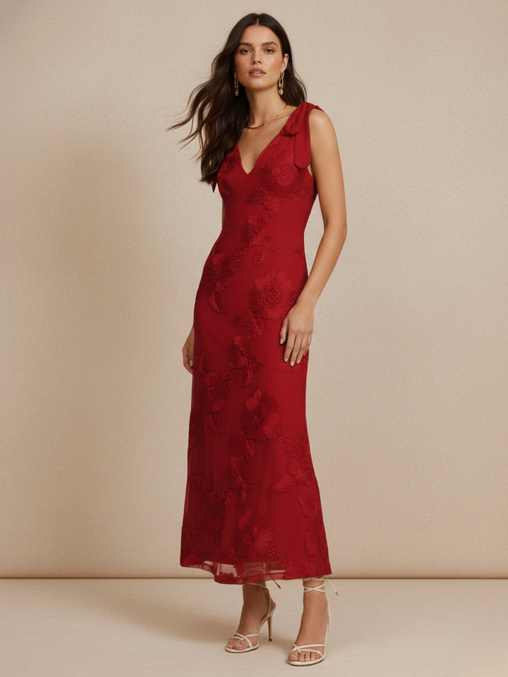 Red Shoulder Tie-Up Textured Dress